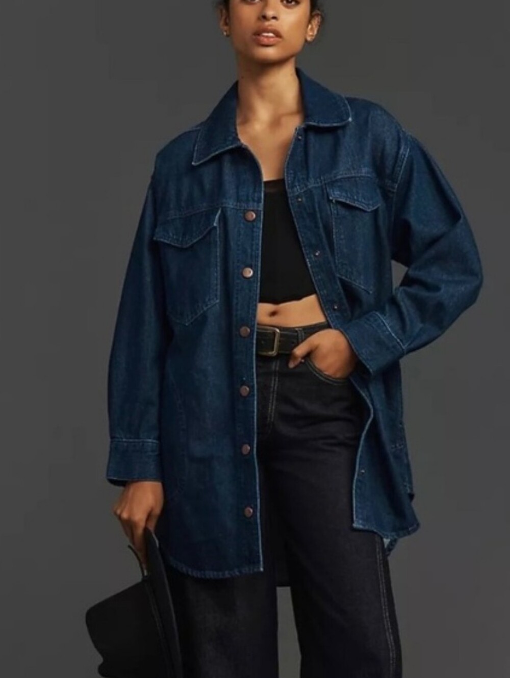 Dark Blue Denim Shacket - Women's Casual Oversized Jacket